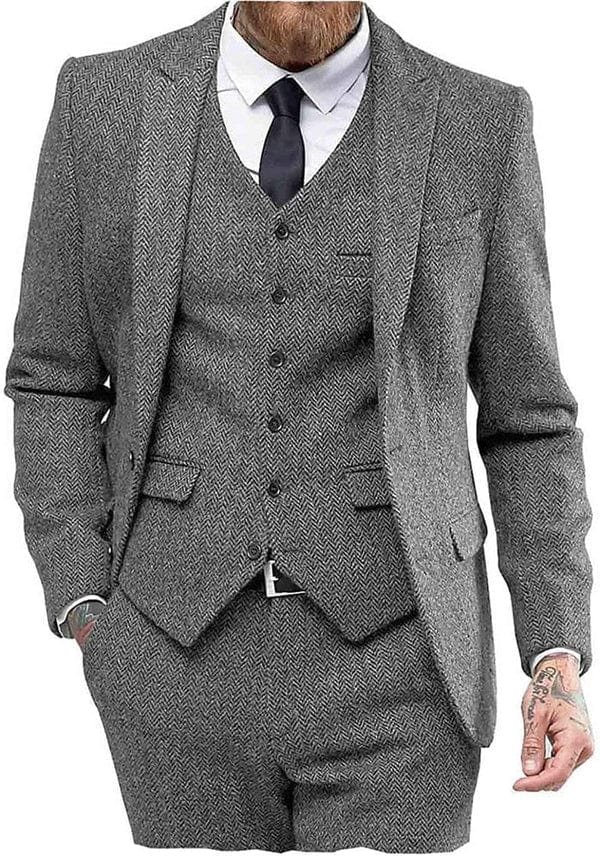 3 Piece Mens Suit Herringbone Peak Lapel Tuxedos (Blazer+vest+Pants) – 36R / Grey