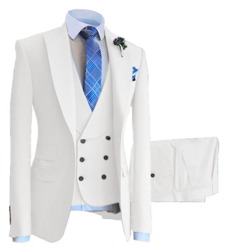 3 Pieces Mens Suit Design Slim Fit Peak Lapel Tuxedos (Blazer+vest+Pants) – 34R / White