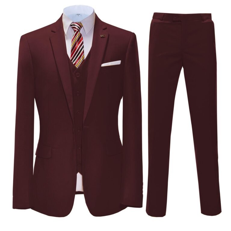 3 Pieces Mens Suit Flat Notch Lapel Business Tuxedos (Blazer+vest+Pants) – 34R / Burgundy