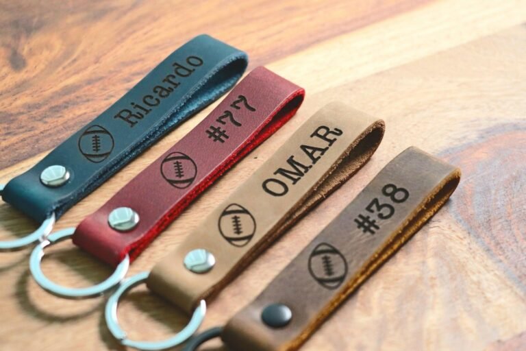 SLIM Football Personalized Keychain / Keyring / bag Tag / Name Tag – Leather Keychain