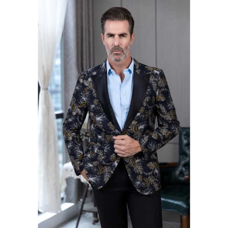 Ceehuteey 2 Piece Men’s Suit Patterned Peak Lapel Tuxedos – Black / 42R
