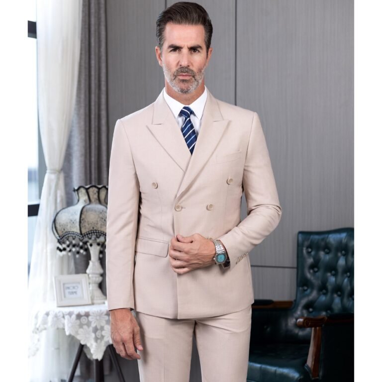 Ceehuteey 2 Pieces Men’s Regular Peak Lapel Solid suit (Blazer+Pants) – Beige / 42R