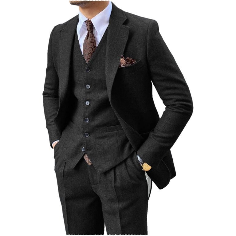 Ceehuteey 3 Piece Mens Suit Herringbone Notch Lapel Tuxedos (Blazer+Vest+Pants) – Black /