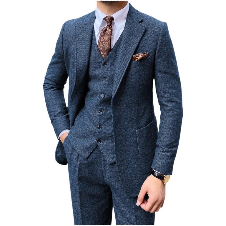 Ceehuteey 3 Piece Mens Suit Herringbone Notch Lapel Tuxedos (Blazer+Vest+Pants) – Blue /