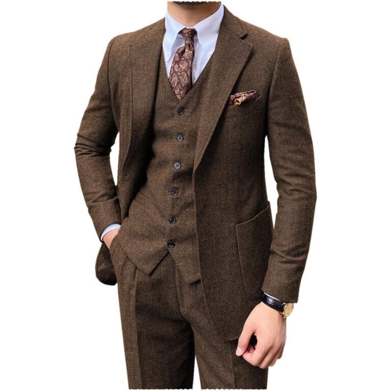 Ceehuteey 3 Piece Mens Suit Herringbone Notch Lapel Tuxedos (Blazer+Vest+Pants) – Brown /