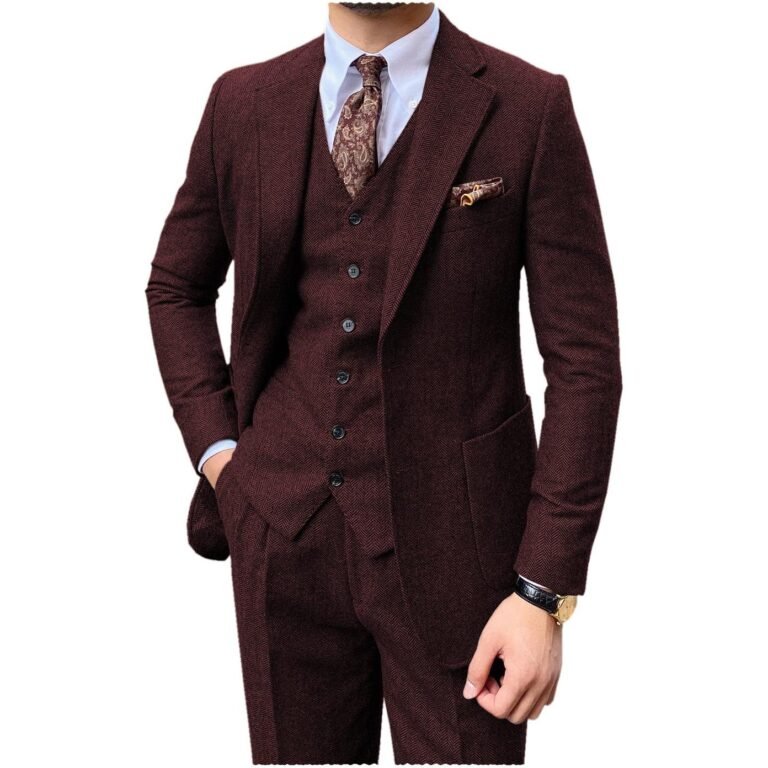 Ceehuteey 3 Piece Mens Suit Herringbone Notch Lapel Tuxedos (Blazer+Vest+Pants)