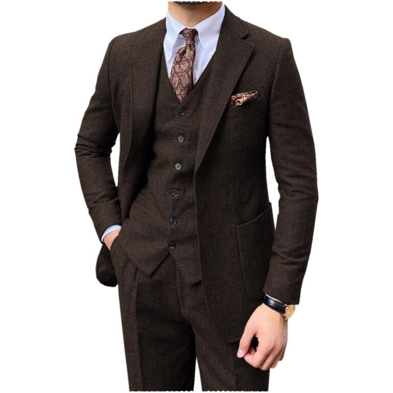 Ceehuteey 3 Piece Mens Suit Herringbone Notch Lapel Tuxedos (Blazer+Vest+Pants) – Coffee