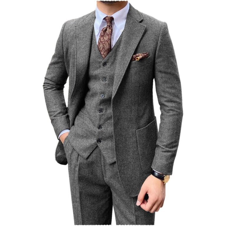 Ceehuteey 3 Piece Mens Suit Herringbone Notch Lapel Tuxedos (Blazer+Vest+Pants) – Grey /