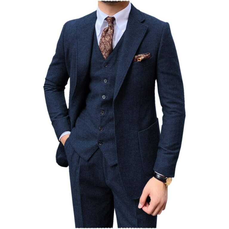 Ceehuteey 3 Piece Mens Suit Herringbone Notch Lapel Tuxedos (Blazer+Vest+Pants) – Navy /