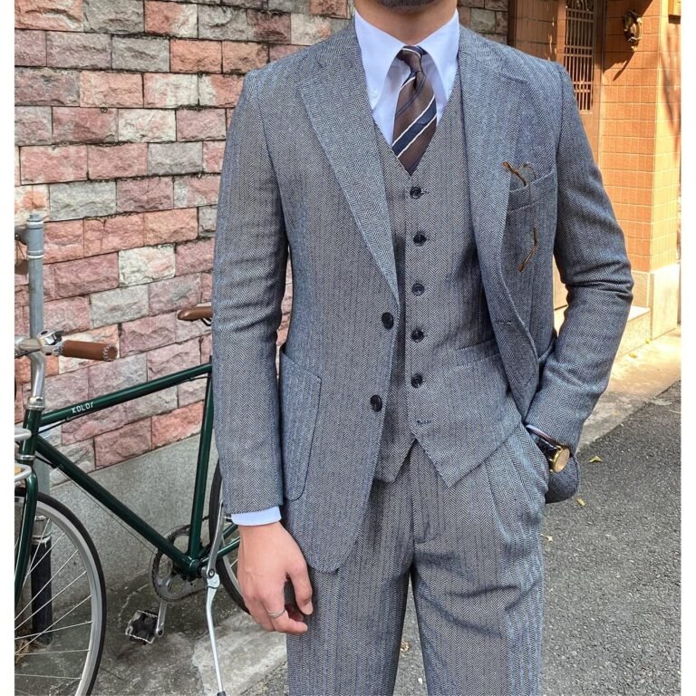 Ceehuteey 3 Piece Mens Suit Herringbone Notch Lapel Tuxedos (Blazer+Vest+Pants) – Silver