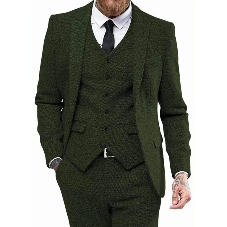 Ceehuteey 3 Piece Mens Suit Herringbone Peak Lapel Tuxedos (Blazer+vest+Pants) – Army