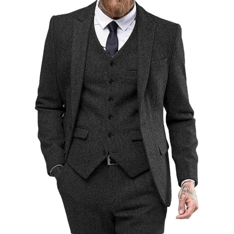Ceehuteey 3 Piece Mens Suit Herringbone Peak Lapel Tuxedos (Blazer+vest+Pants) – Black /