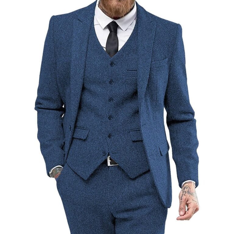 Ceehuteey 3 Piece Mens Suit Herringbone Peak Lapel Tuxedos (Blazer+vest+Pants) – Blue /
