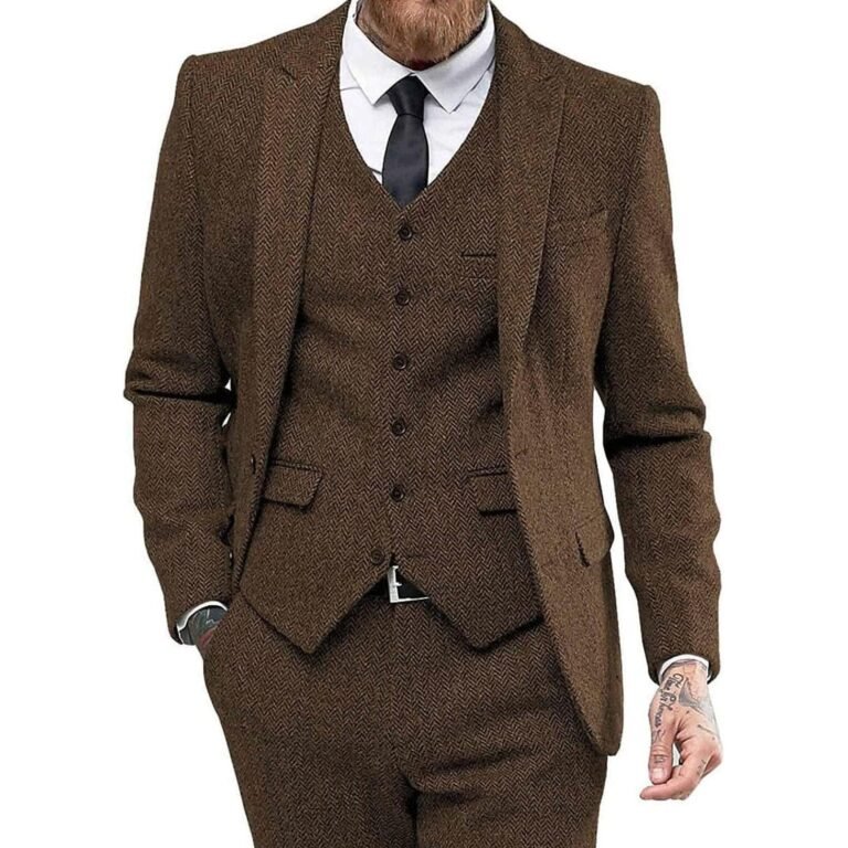 Ceehuteey 3 Piece Mens Suit Herringbone Peak Lapel Tuxedos (Blazer+vest+Pants) – Brown /