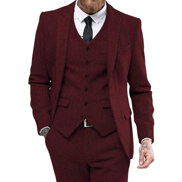 Ceehuteey 3 Piece Mens Suit Herringbone Peak Lapel Tuxedos (Blazer+vest+Pants) – Burgundy