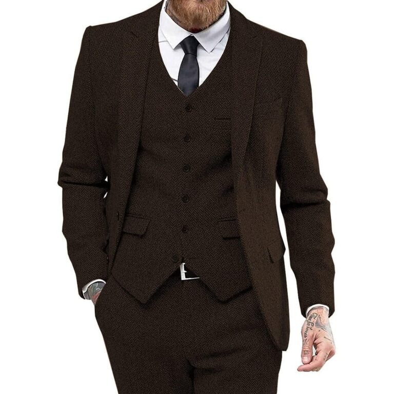 Ceehuteey 3 Piece Mens Suit Herringbone Peak Lapel Tuxedos (Blazer+vest+Pants) – Coffee /