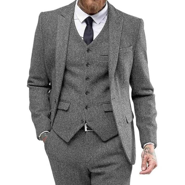 Ceehuteey 3 Piece Mens Suit Herringbone Peak Lapel Tuxedos (Blazer+vest+Pants) – Grey /