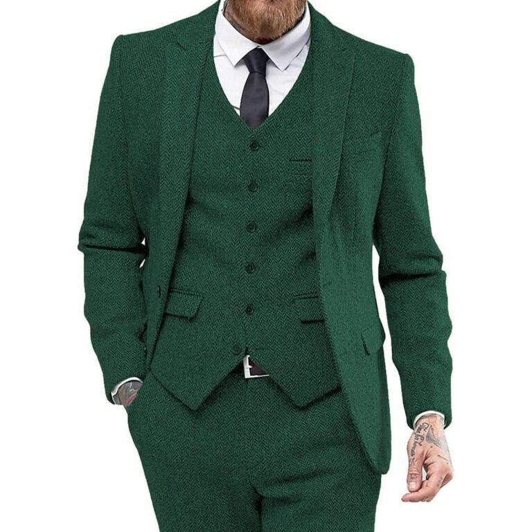 Ceehuteey 3 Piece Mens Suit Herringbone Peak Lapel Tuxedos (Blazer+vest+Pants) – Hunt