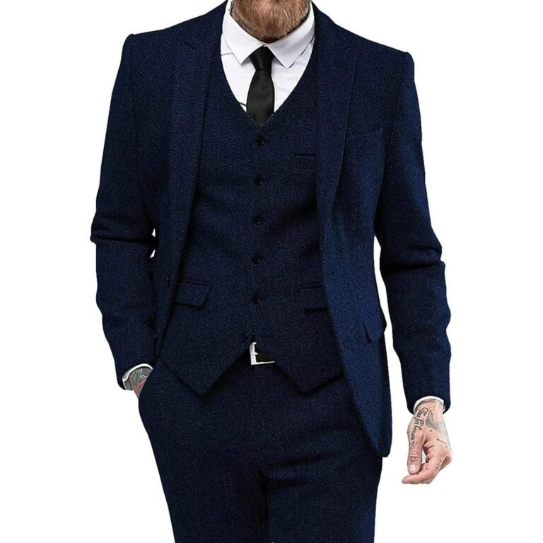 Ceehuteey 3 Piece Mens Suit Herringbone Peak Lapel Tuxedos (Blazer+vest+Pants) – Navy /