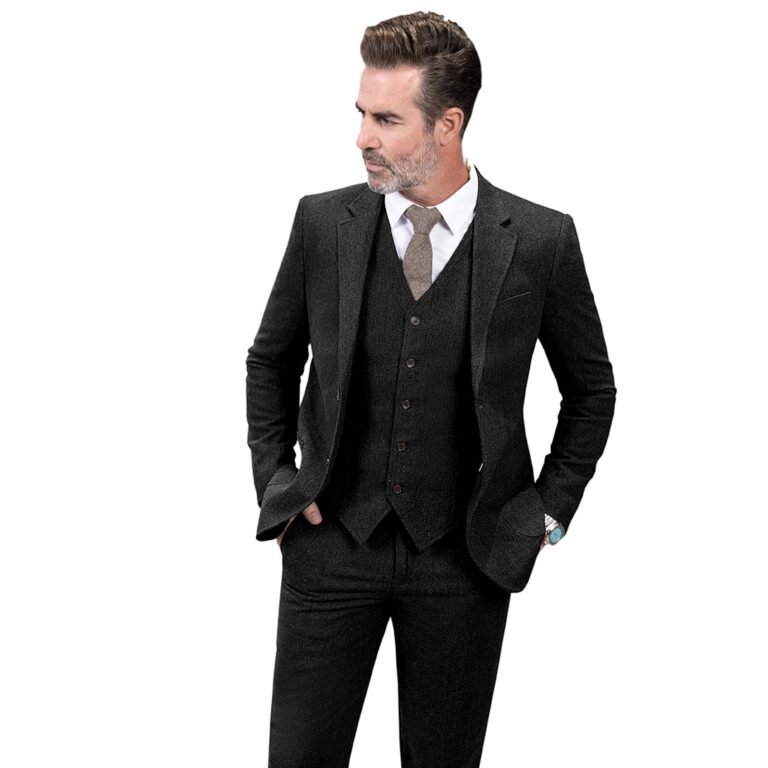 Ceehuteey 3 Pieces Mens Suit Herringbone Business Flat Suit (Blazer+vest+Pants) – Black /