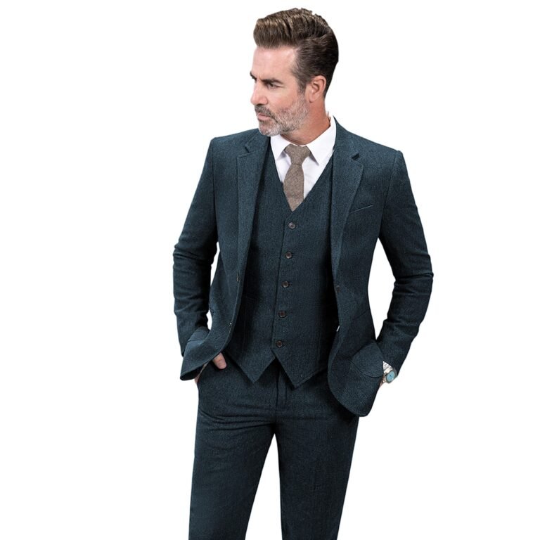 Ceehuteey 3 Pieces Mens Suit Herringbone Business Flat Suit (Blazer+vest+Pants) – Blue /