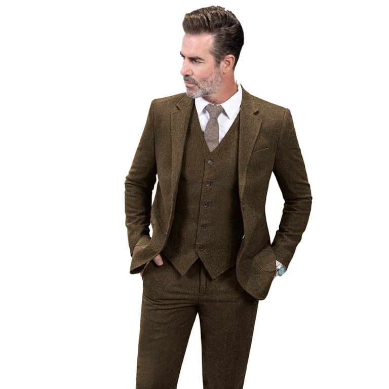 Ceehuteey 3 Pieces Mens Suit Herringbone Business Flat Suit (Blazer+vest+Pants) – Brown /