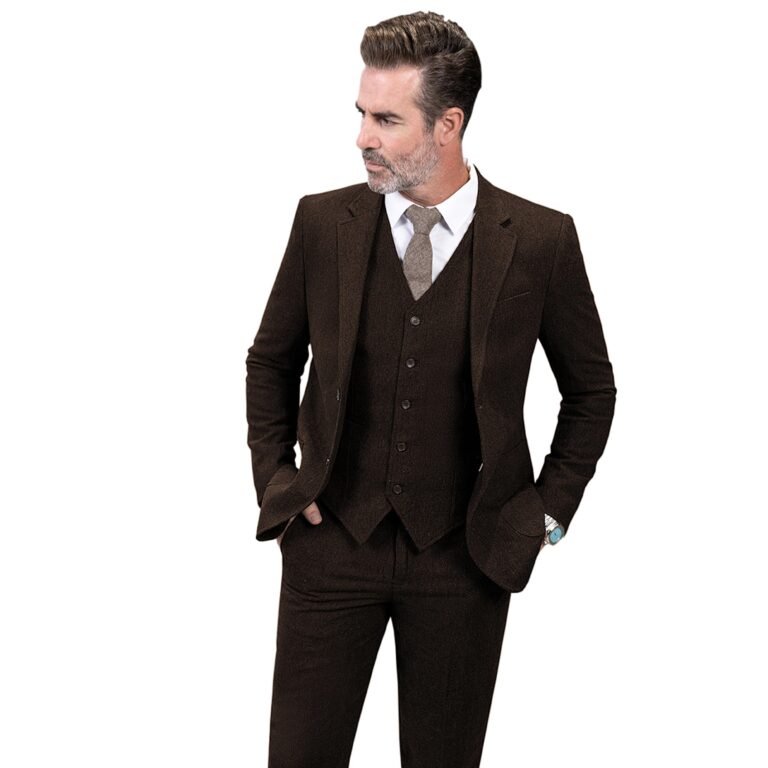 Ceehuteey 3 Pieces Mens Suit Herringbone Business Flat Suit (Blazer+vest+Pants) – Coffee