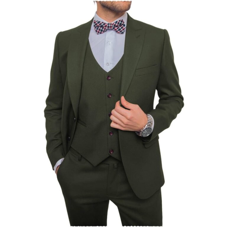 Ceehuteey Business Flat 3 Pieces Men’s Suit Blazer (Blazer+vest+Pants) – Army Green / 42R