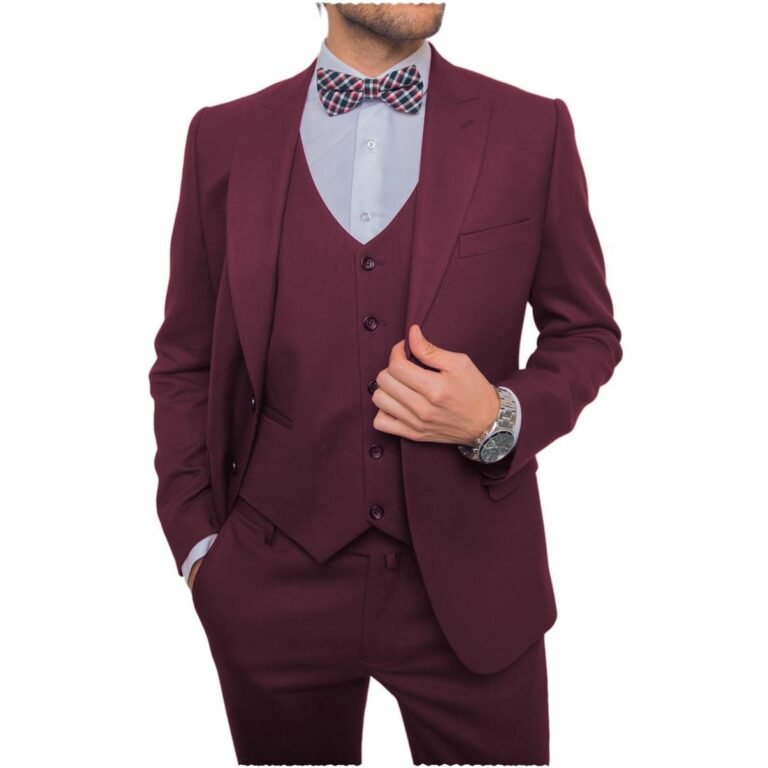 Ceehuteey Business Flat 3 Pieces Men’s Suit Blazer (Blazer+vest+Pants) – Burgundy / 42R
