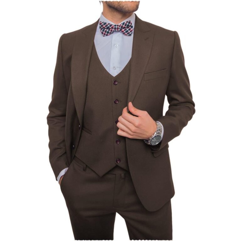 Ceehuteey Business Flat 3 Pieces Men’s Suit Blazer (Blazer+vest+Pants) – Coffee / 42R