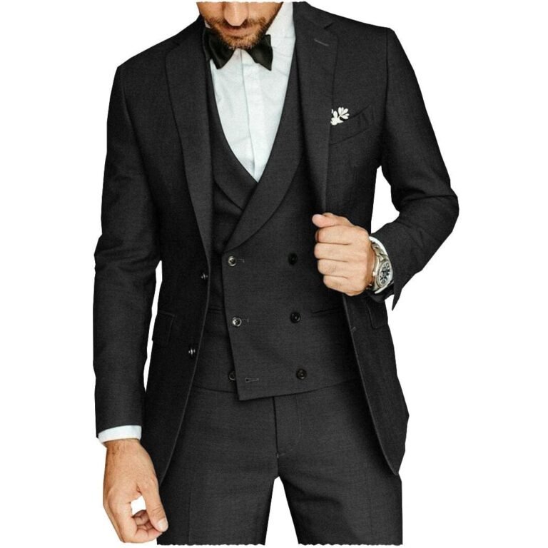 Ceehuteey Casual Men’s 3 Pieces Notch Lapel Tweed Tuxedos (Blazer+vest+Pants) – Black /