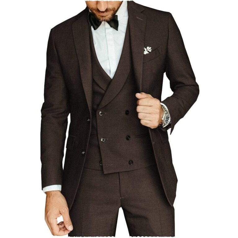 Ceehuteey Casual Men’s 3 Pieces Notch Lapel Tweed Tuxedos (Blazer+vest+Pants) – Coffee /