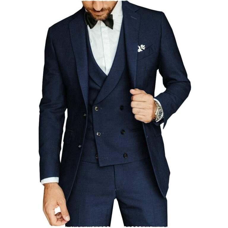 Ceehuteey Casual Men’s 3 Pieces Notch Lapel Tweed Tuxedos (Blazer+vest+Pants) – Navy / 42R