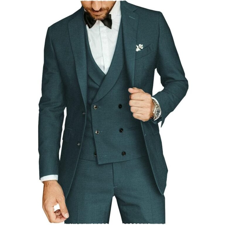 Ceehuteey Casual Men’s 3 Pieces Notch Lapel Tweed Tuxedos (Blazer+vest+Pants) – Teal / 42R