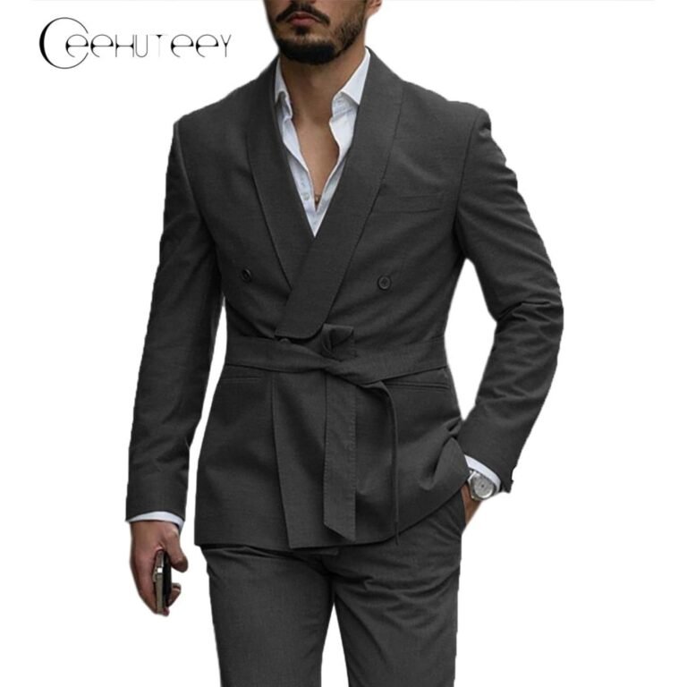 Ceehuteey Casual Mens Suit Double Breasted Shawl Lapel 2 Pieces (Blazer+Pants) – Black /