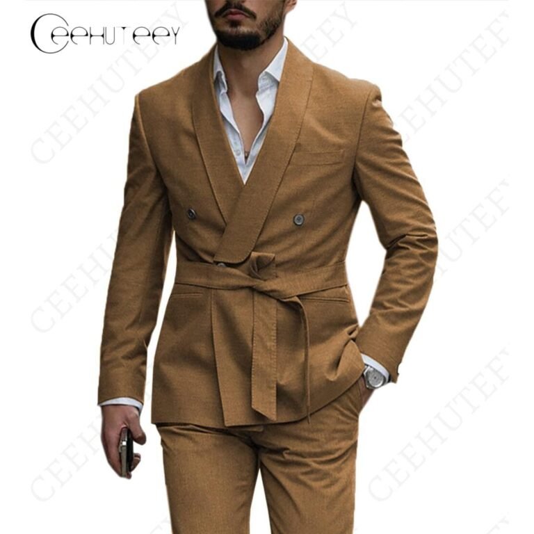 Ceehuteey Casual Mens Suit Double Breasted Shawl Lapel 2 Pieces (Blazer+Pants) – Brown /