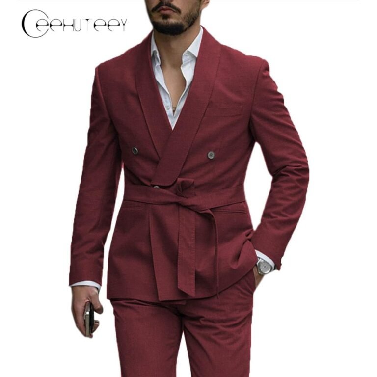 Ceehuteey Casual Mens Suit Double Breasted Shawl Lapel 2 Pieces (Blazer+Pants) – Burgundy