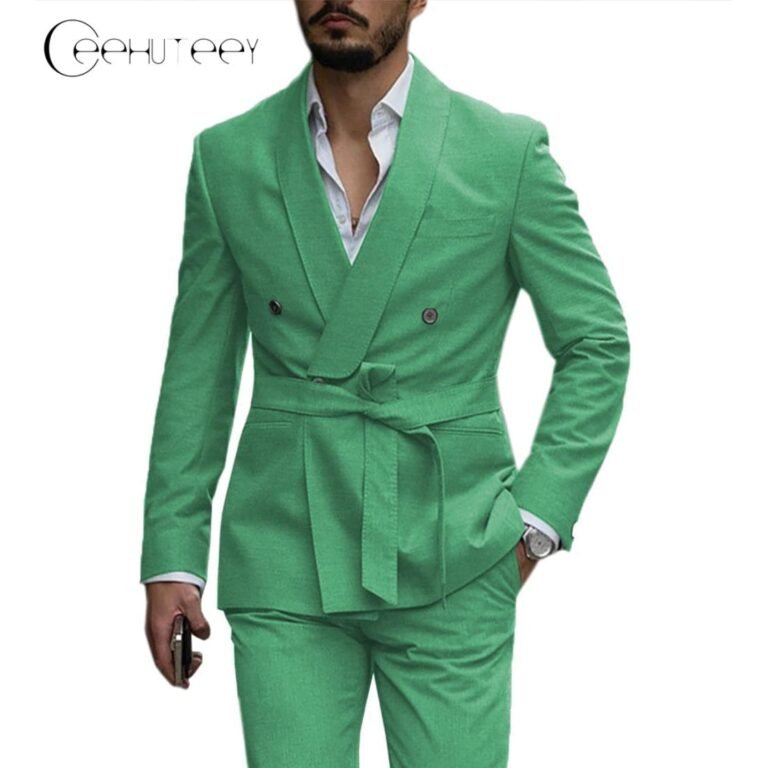 Ceehuteey Casual Mens Suit Double Breasted Shawl Lapel 2 Pieces (Blazer+Pants) – Green /
