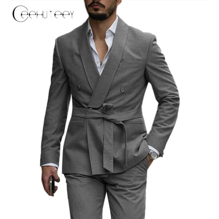 Ceehuteey Casual Mens Suit Double Breasted Shawl Lapel 2 Pieces (Blazer+Pants) – Grey /