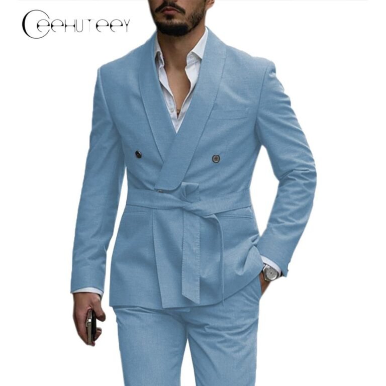 Ceehuteey Casual Mens Suit Double Breasted Shawl Lapel 2 Pieces (Blazer+Pants) – Light