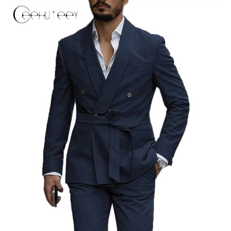 Ceehuteey Casual Mens Suit Double Breasted Shawl Lapel 2 Pieces (Blazer+Pants) – Navy /