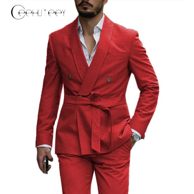 Ceehuteey Casual Mens Suit Double Breasted Shawl Lapel 2 Pieces (Blazer+Pants) – Red / 42R
