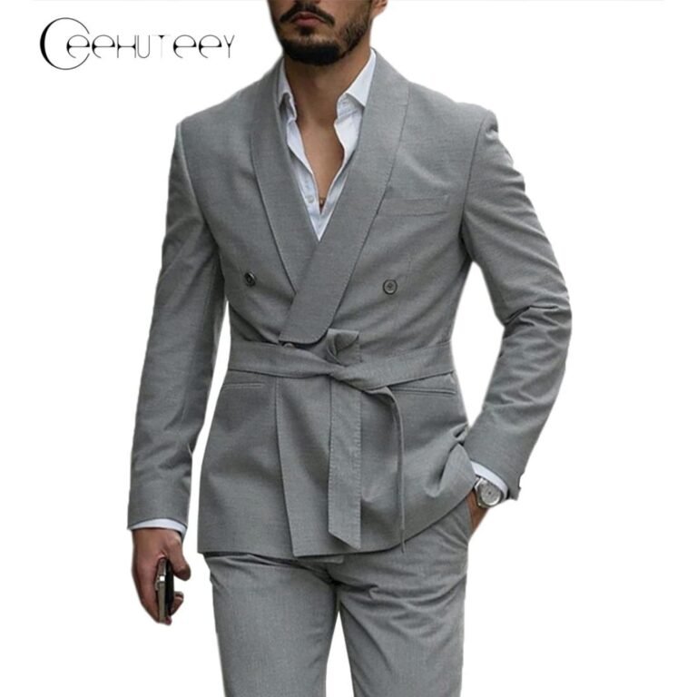 Ceehuteey Casual Mens Suit Double Breasted Shawl Lapel 2 Pieces (Blazer+Pants) – Silver