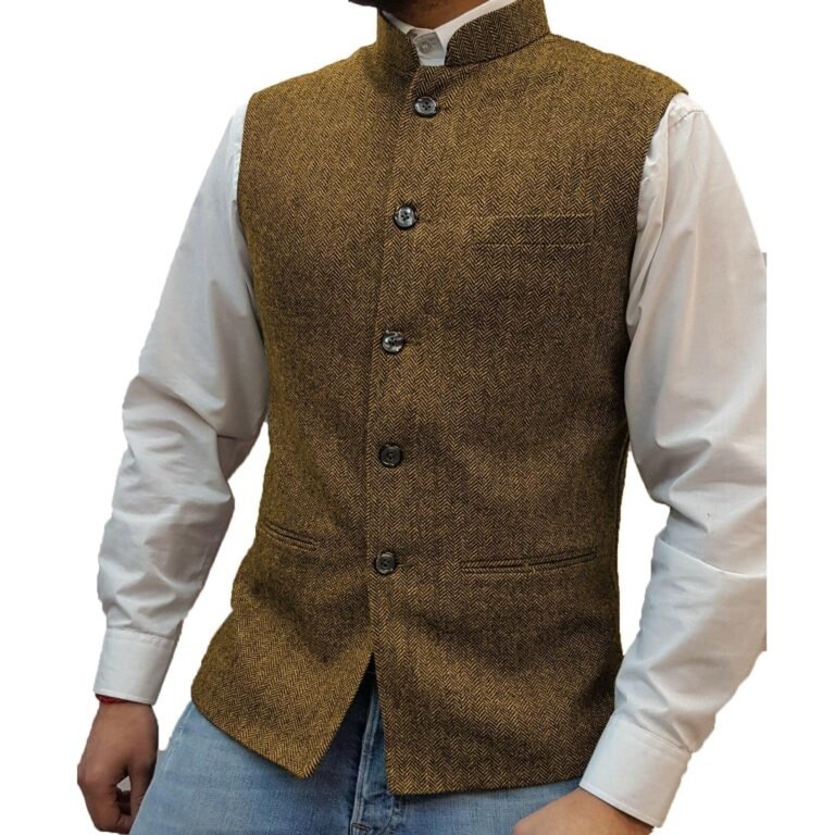 Ceehuteey Men’s Herringbone Stand Collar Waistcoat