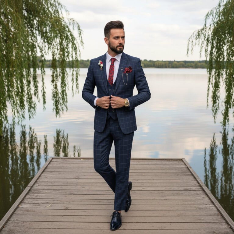 Ceehuteey Mens Suit 3 Pieces Plaid Peak Lapel Suits (Blazer+Vest+Pants)