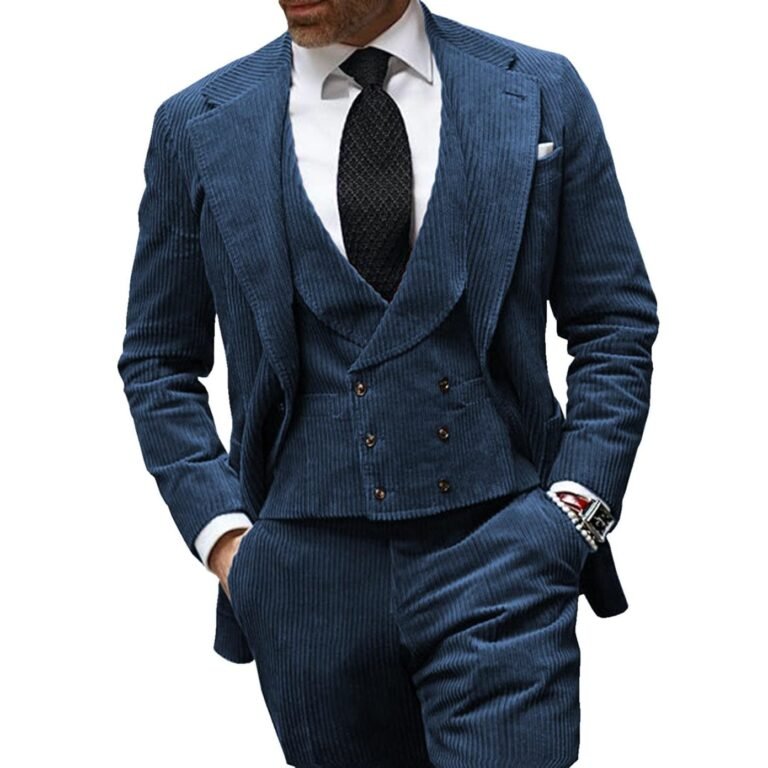 Ceehuteey Corduroy Men’s 3 Pieces Regular Fit Blazer (Blazer+vest+Pants) – 42R / Blue