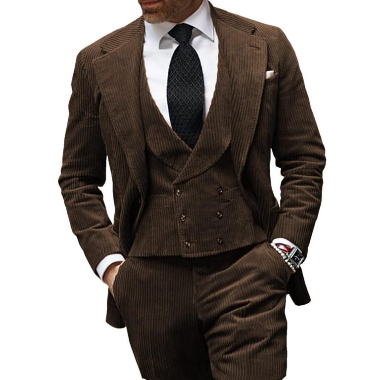 Ceehuteey Corduroy Men’s 3 Pieces Regular Fit Blazer (Blazer+vest+Pants) – 42R / Brown
