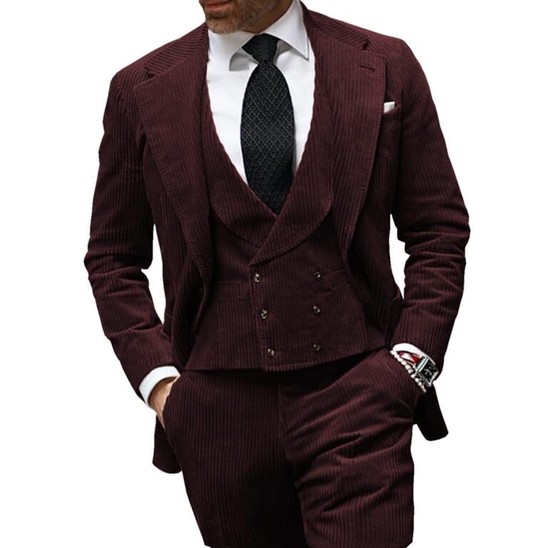Ceehuteey Corduroy Men’s 3 Pieces Regular Fit Blazer (Blazer+vest+Pants) – 42R / Burgundy