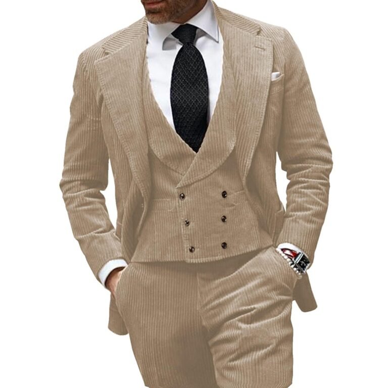 Ceehuteey Corduroy Men’s 3 Pieces Regular Fit Blazer (Blazer+vest+Pants) – 42R / Champagne