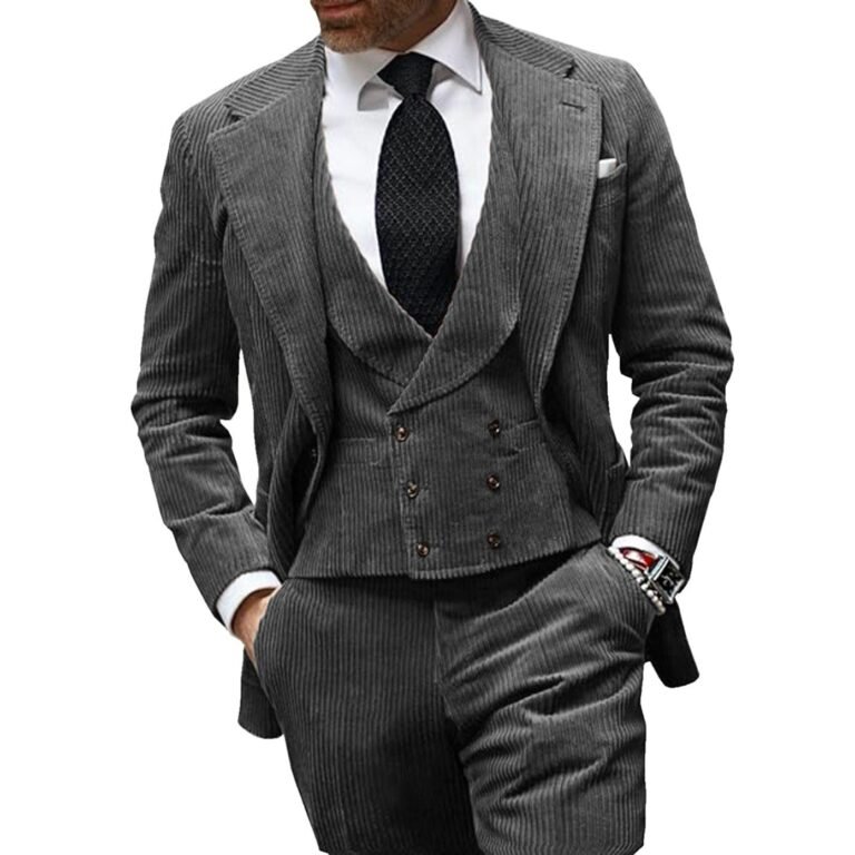 Ceehuteey Corduroy Men’s 3 Pieces Regular Fit Blazer (Blazer+vest+Pants) – 42R / Grey